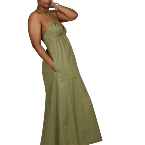 Xirena Maggie Halter Dress Green Olive Maxi Poplin Cotton Sundress Pockets XS - Picture 11 of 16